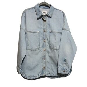 ZARA Oversized DenimTrucker Jacket Light Wash BlueLongSleeve Button Front WomenL